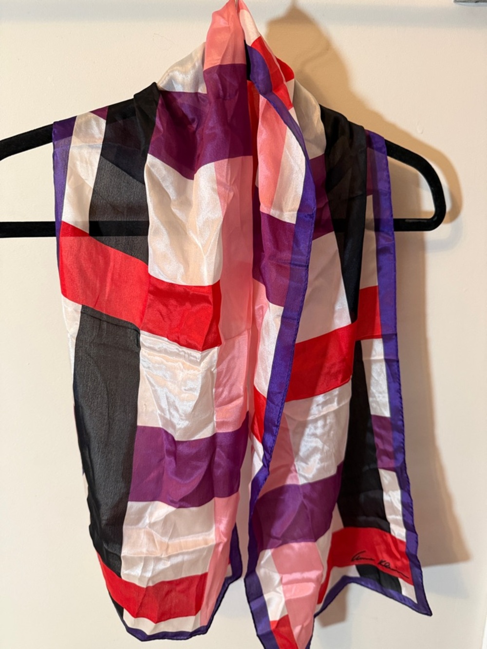 Vintage Anne Klein Colorblock Satin Scarf — Red, Purple, Black, Pink & White